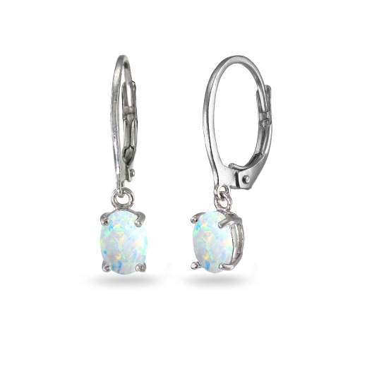 Sterling Silver Created White Opal 7X5mm Oval Dangle Leverback Earrings - Silverspeck