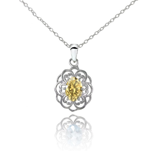 Sterling Silver Citrine Oval Filigree Flower Necklace