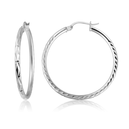 Sterling Silver Diamond Cut High Polished Round Hoop Earrings, 30Mm