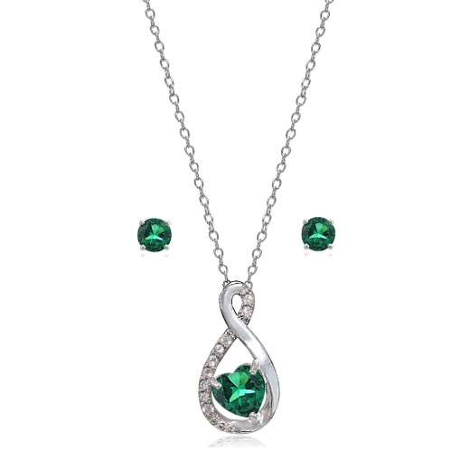 Sterling Silver Created Emerald & White Topaz Infinity Heart Necklace Earrings Set