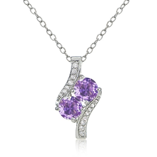 Sterling Silver Created Amethyst Round Two Stone and CZ Accents Necklace