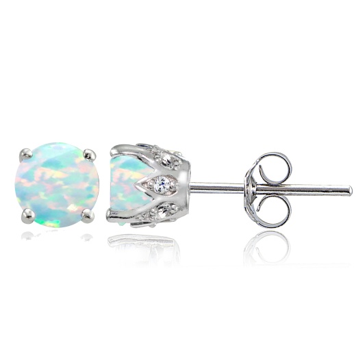 Sterling Silver Created White Opal and White Topaz Crown Stud Earrings