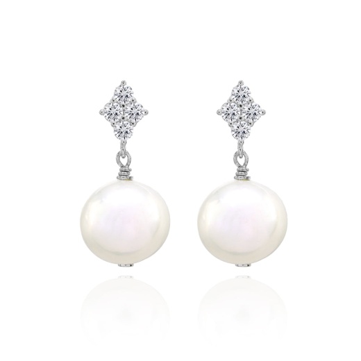Sterling Silver Created White Pearl Dangle Earrings With Cz Accents