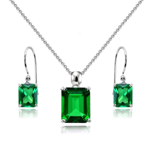 Sterling Silver Simulated Emerald Octagon-Cut Solitaire Drop Dangle Earrings & Necklace Set