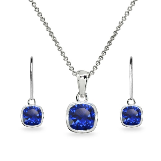 Sterling Silver Created Blue Sapphire Cushion-Cut Bezel-Set Necklace & Dangle Leverback Earrings Set by Silverspeck