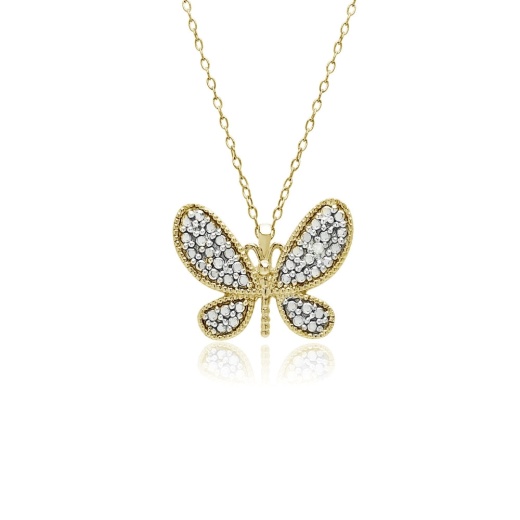 Yellow Gold Flashed Sterling Silver Butterfly Diamond Accent Pendant Necklace, Jk-I3