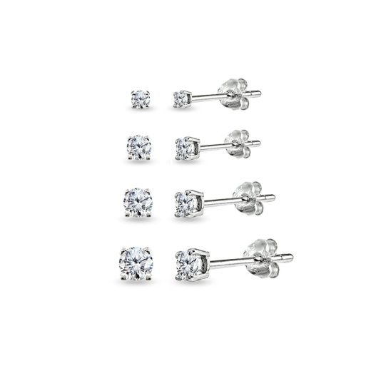 4 Pair Set Sterling Silver Cubic Zirconia Round Stud Earrings - 2Mm 3Mm 4Mm 5Mm