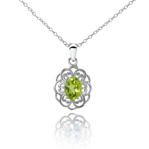 Sterling Silver Peridot Oval Filigree Flower Necklace