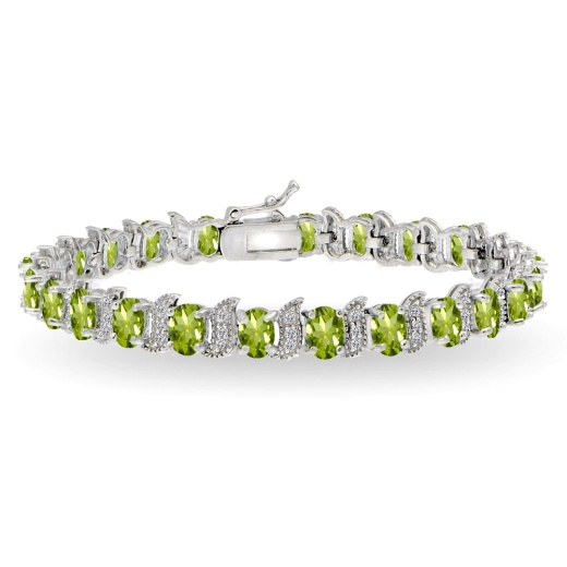 Sterling Silver Peridot 6X4mm Oval and S Tennis Bracelet with White Topaz Accents