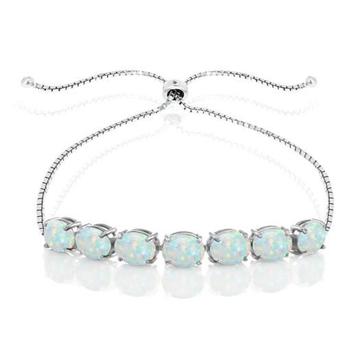 Sterling Silver Created White Opal 9X7mm Oval-Cut Adjustable Bracelet