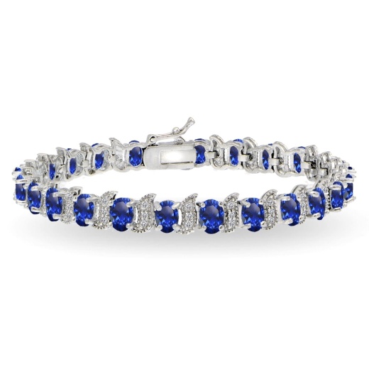 Sterling Silver Created Blue Sapphire 6X4mm Oval S Tennis Bracelet with White Topaz Accents