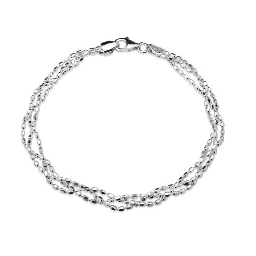 Sterling Silver Polished Italian Triple Layer Oval Diamond-Cut Braided Bead Chain Bracelet, 7 Inches
