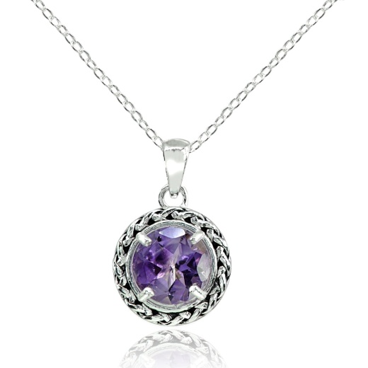Sterling Silver Amethyst Round Oxidized Rope Pendant Necklace - Silverspeck