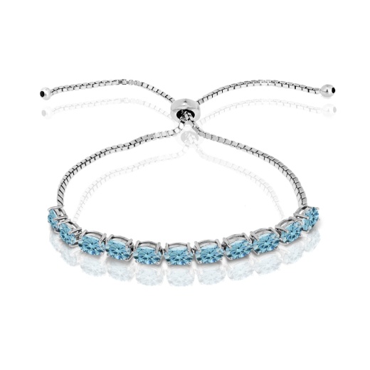 Sterling Silver Light Blue Oval-Cut Pull-String Adjustable Bolo Bracelet Made With Swarovski Crystals