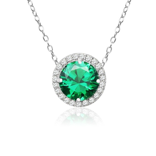 Sterling Silver Created Emerald and Cubic Zirconia Round Halo Necklace