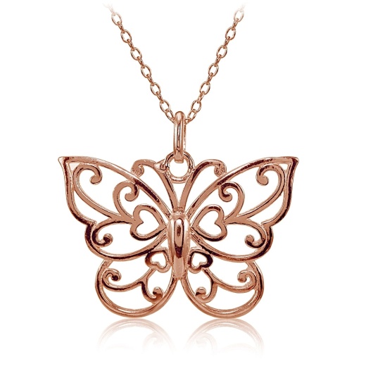 Rose Gold Flashed Sterling Silver High Polished Filigree Butterfly Necklace