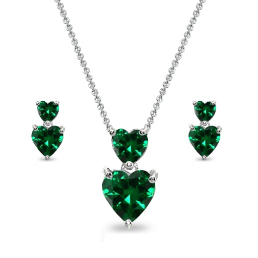 Sterling Silver Simulated Emerald Double Heart Friendship Necklace & Stud Earrings Set