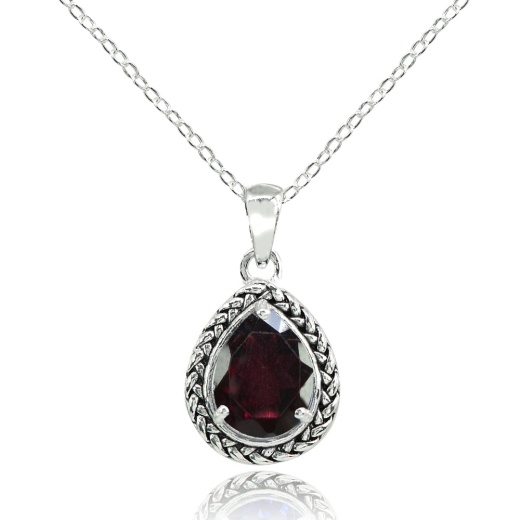 Sterling Silver Garnet Pear-Cut Oxidized Rope Pendant Necklace