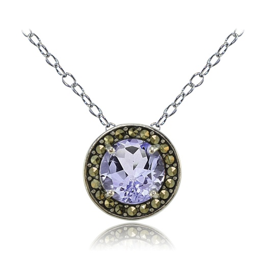 Sterling Silver Amethyst and Marcasite Halo Necklace
