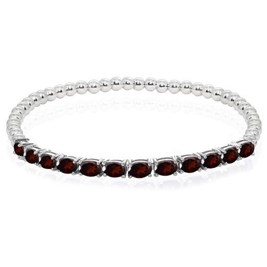Sterling Silver Garnet Oval Beaded Stretch Tennis Style Bracelet