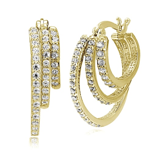 Gold Tone Over Sterling Silver Cubic Zirconia Triple Round Graduating Hoop Earrings