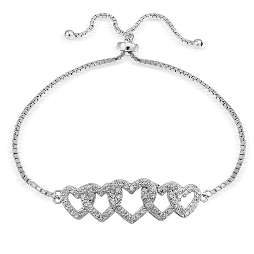 Sterling Silver Cubic Zirconia Intertwining Hearts Adjustable Bracelet