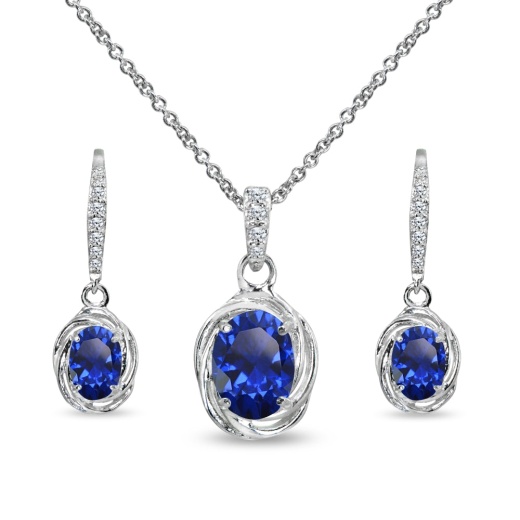 Sterling Silver Created Blue Sapphire & Cubic Zirconia Oval Love Knot Leverback Earrings & Pendant Necklace Set