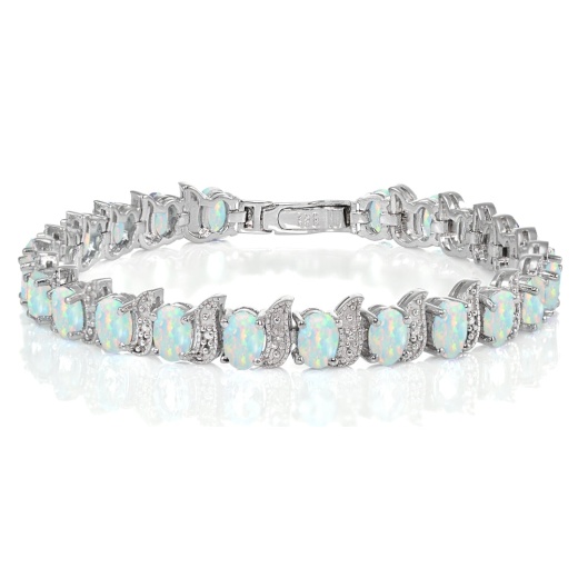 Sterling Silver Created White Opal and Diamond Accent Oval S Tennis Bracelet