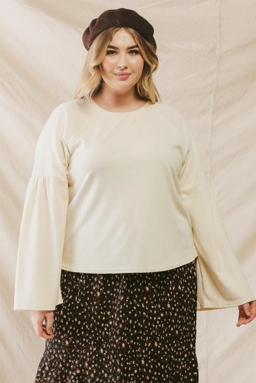 Junior Plus Cream Round Neck Long Sleeve Relax Top