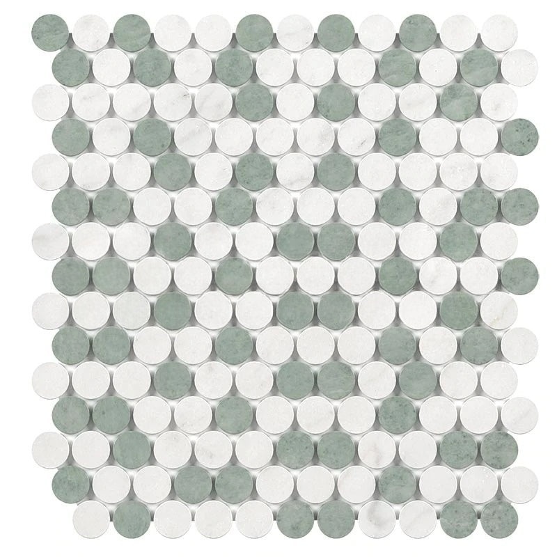 White Carrara Marble Penny Round Mosaic with Ming Green & Thassos