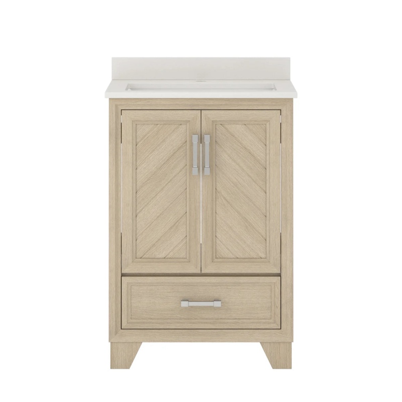Ashlow Natural Oak Wood Freestanding Single Sink Bathroom Vanity With Engineered Stone Top - 24" - Natural Oak