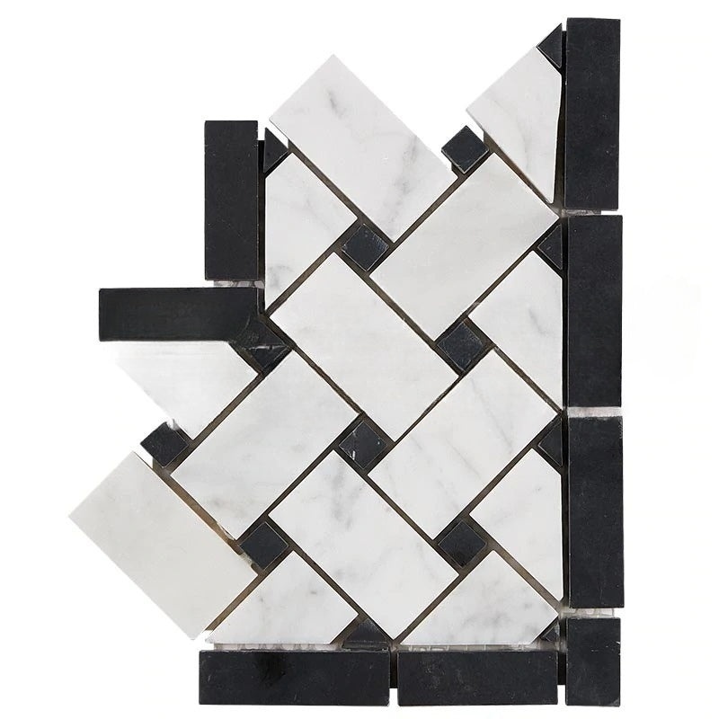White Carrara Marble Border - Basket Weave Border Corner With Black Dots