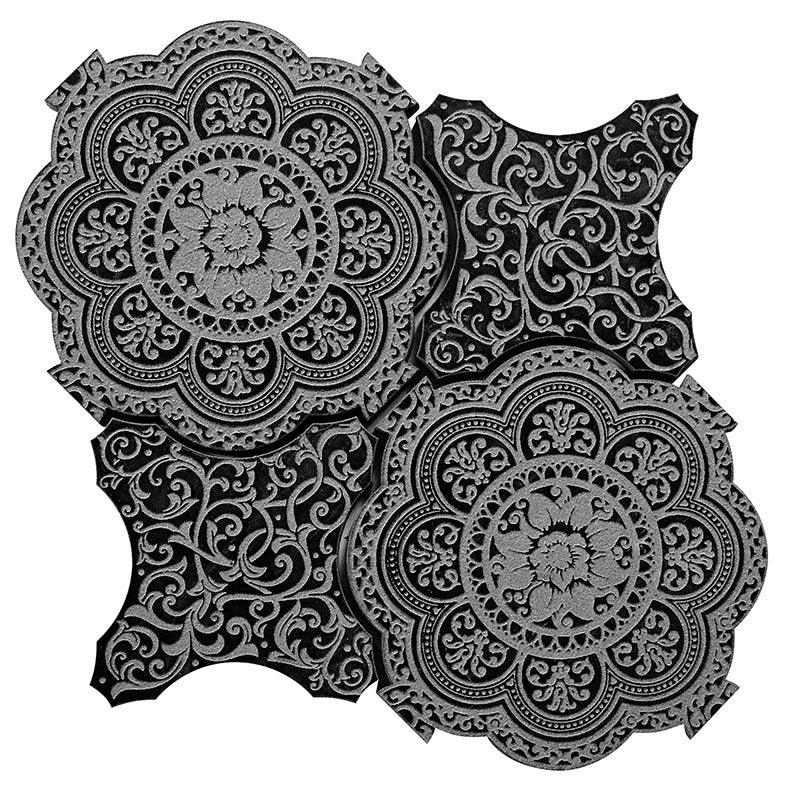 Skalini Line Pantheon Floreale Black Natural Stone Mosaic - 6.4" X 6.4" + 5.5" X 5.5" - Textured