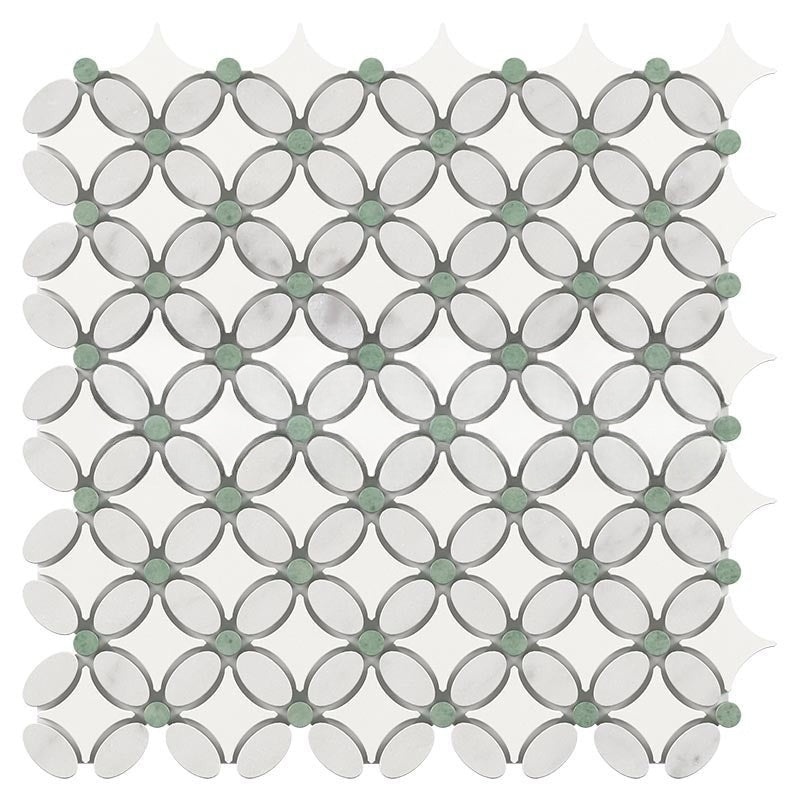 White Carrara Marble Flower Mosaic with Ming Green Dots