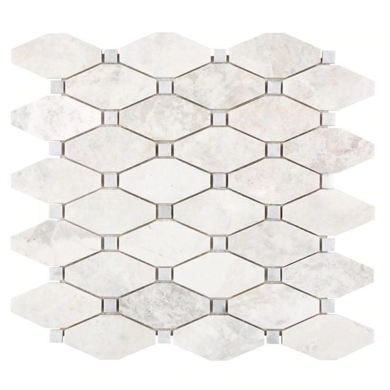 Bianco Congelato Dolomite Mosaic - Elongated Octagon With Blue/Gray Dots - Leather