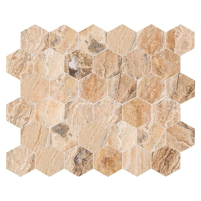 Valencia Travertine Mosaic - 2" Hexagon - Tumbled, Per Pack: 20 Sqft