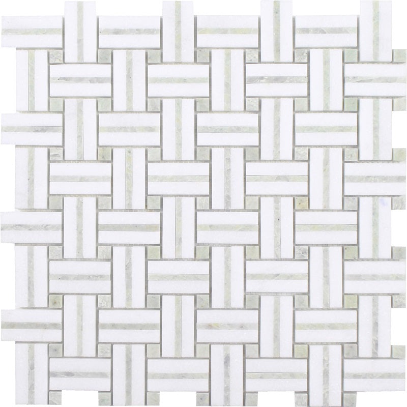 Sliced Basket Weave Ming Green Thassos Natural Stone Mosaic - Basket Weave - Polished