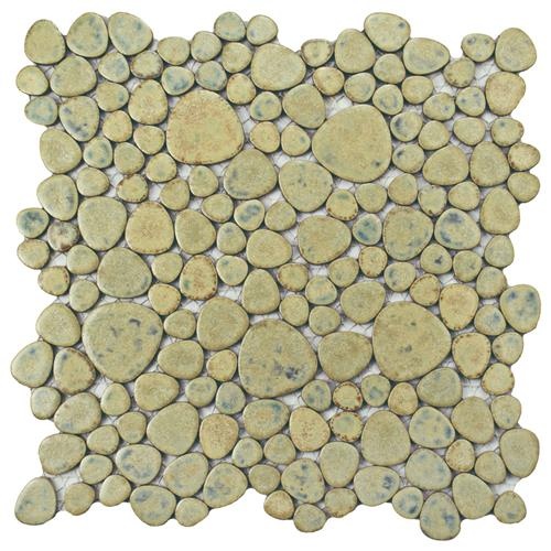 Pebble Green Moss Porcelain Mosaic - 11" X 11" - Glossy