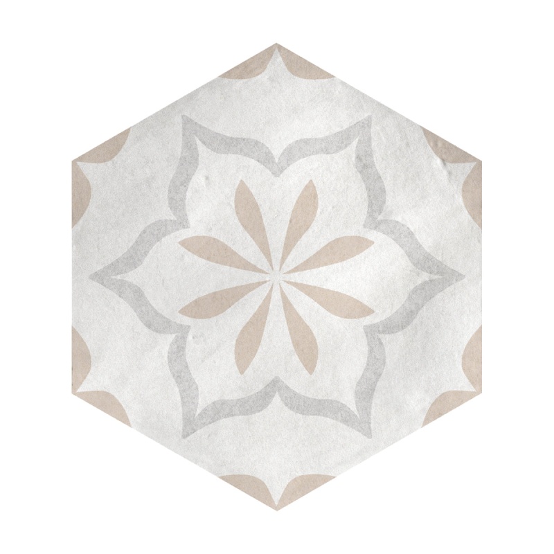 Casablanca Champagne Flower Deco Porcelain Tile - Matte - 5.5" X 6" Hexagon