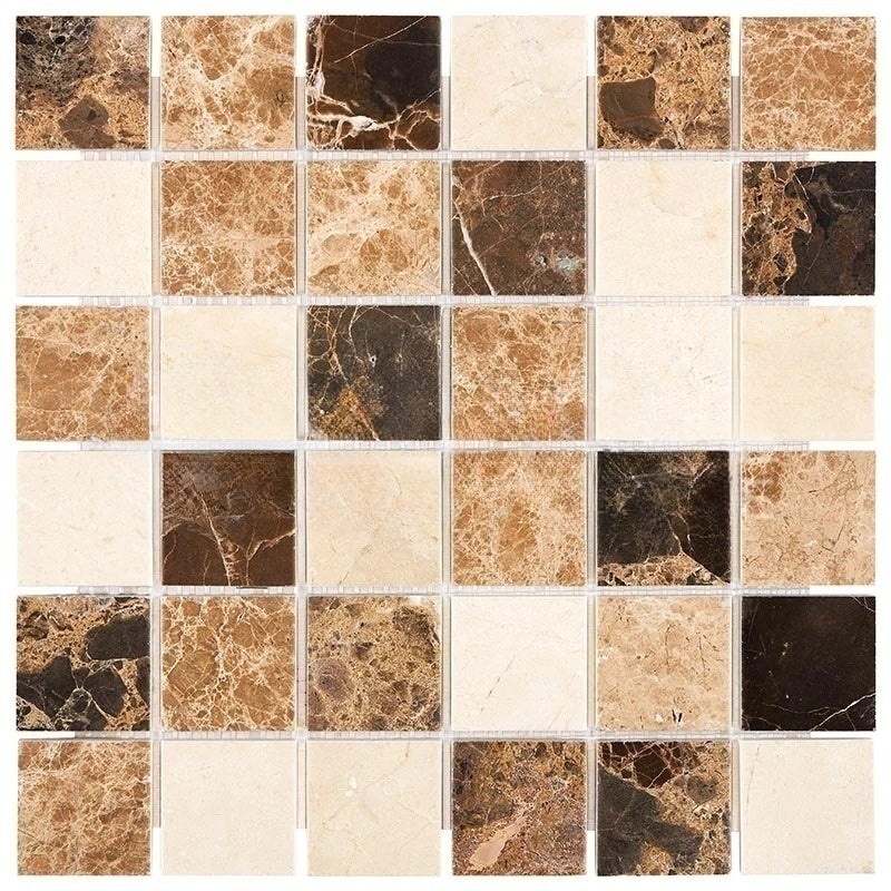 Crema Marfil Marble Mosaic - 2" X 2" With Emperador Light & Emperador Dark