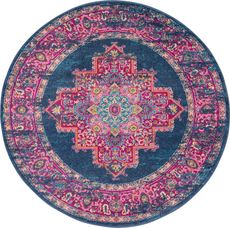 Blue Polypropylene Bohemian Round Area Rug, 4 Ft