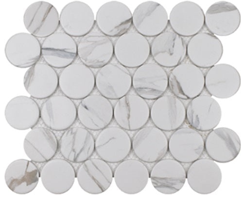 Native Calacatta Glass Mosaic - 2" Penny Round - Matte