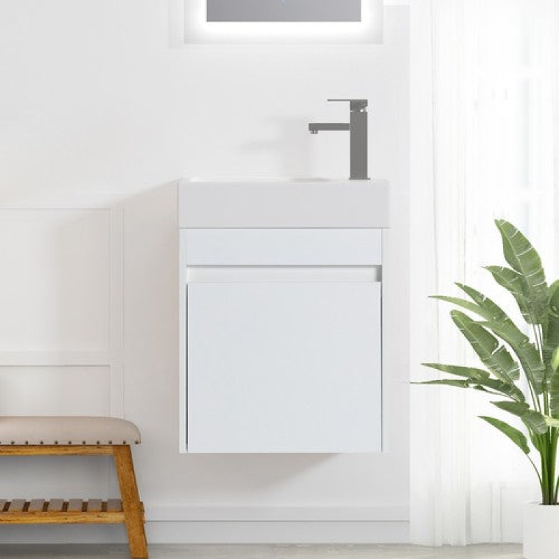 White Straight Grain Plywood Wall Mounted Single Sink Bathroom Vanity With Resin Top - 10.23" (Assembled) - White Straight Grain
