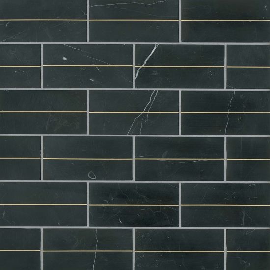 Ferrara Nero Deco With Brass Marble Tile - Honed - 3" X 6"