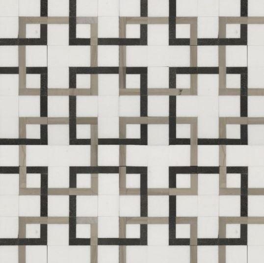 Luxe Thassos White With Athens Grey & Basalt Black Insert Marble Mosaic - Alcazar - Polished