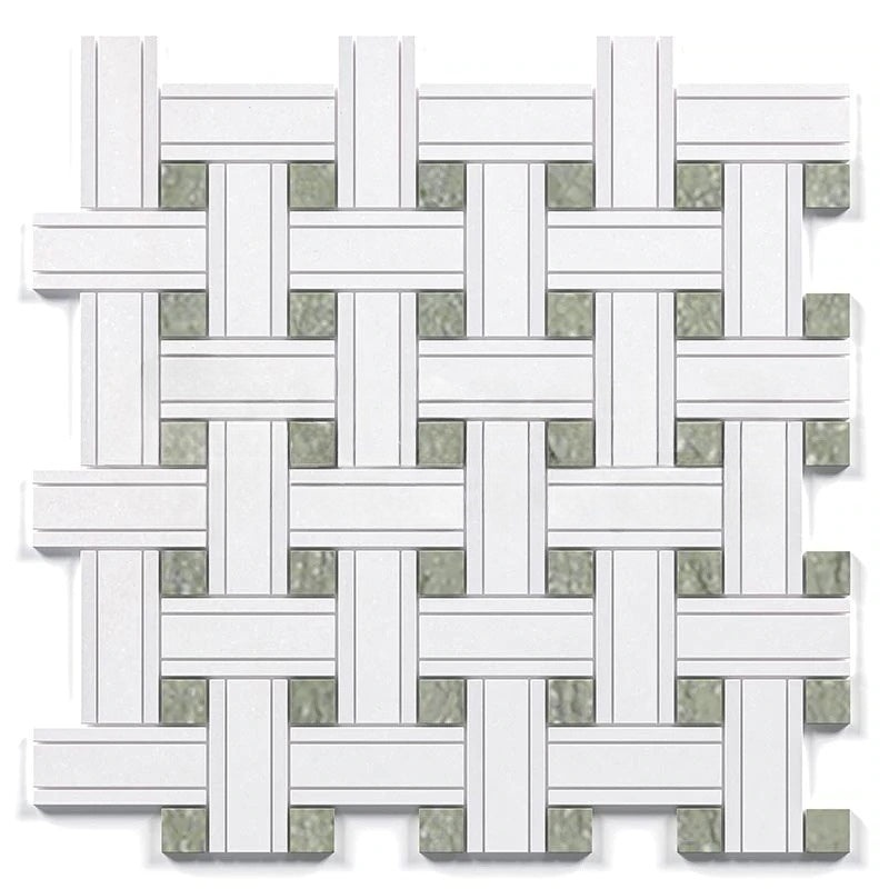Thassos White Marble Mosaic - Triple Weave With Ming Green Dots