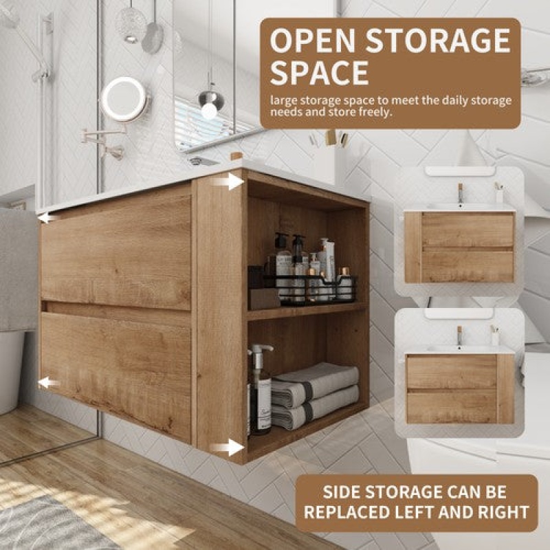Imitative Oak Wall Mounted Single Sink Bathroom Vanity