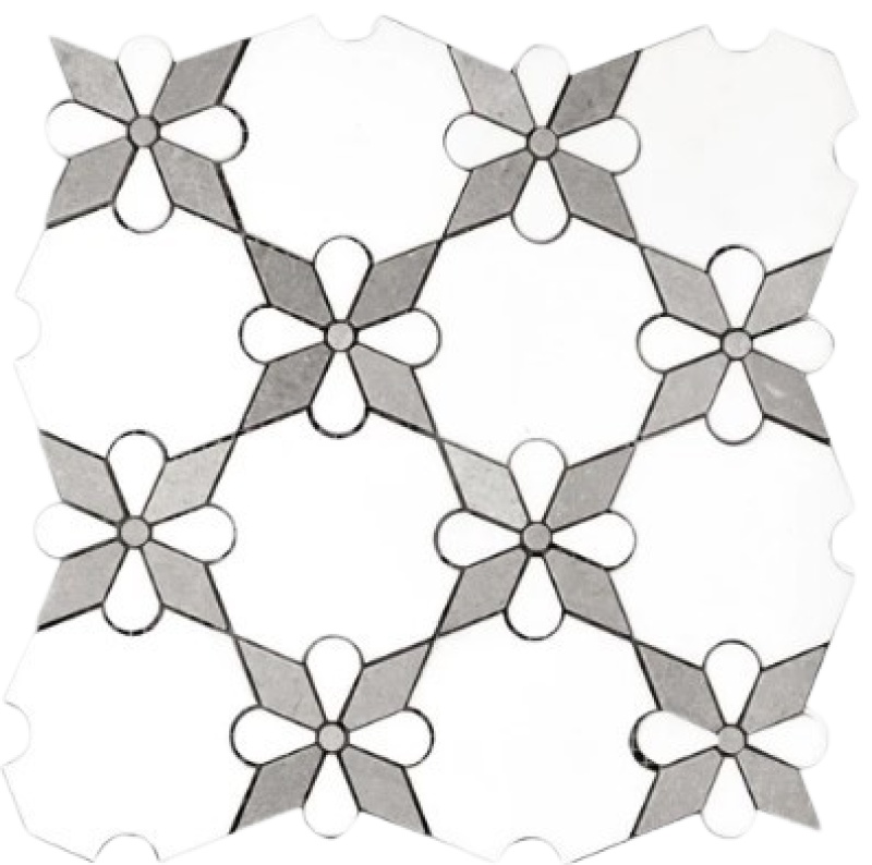 Thassos Grey Waterjet Marble Mosaic - Rosettes - Polished