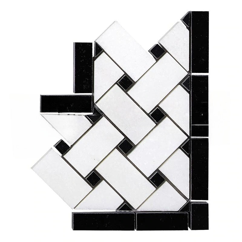 Thassos White Marble Border - Basket Weave Border Corner With Black Dots