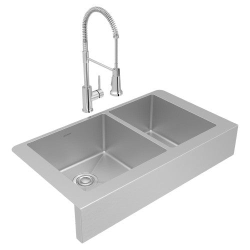 Ectruf32179rfcc Crosstown Stainless Steel Farmhouse Double Bowl Kitchen Sink - 35 7/8" X 20 1/4" X 9" With Deep Strainer Drain And Faucet - Stainless Steel